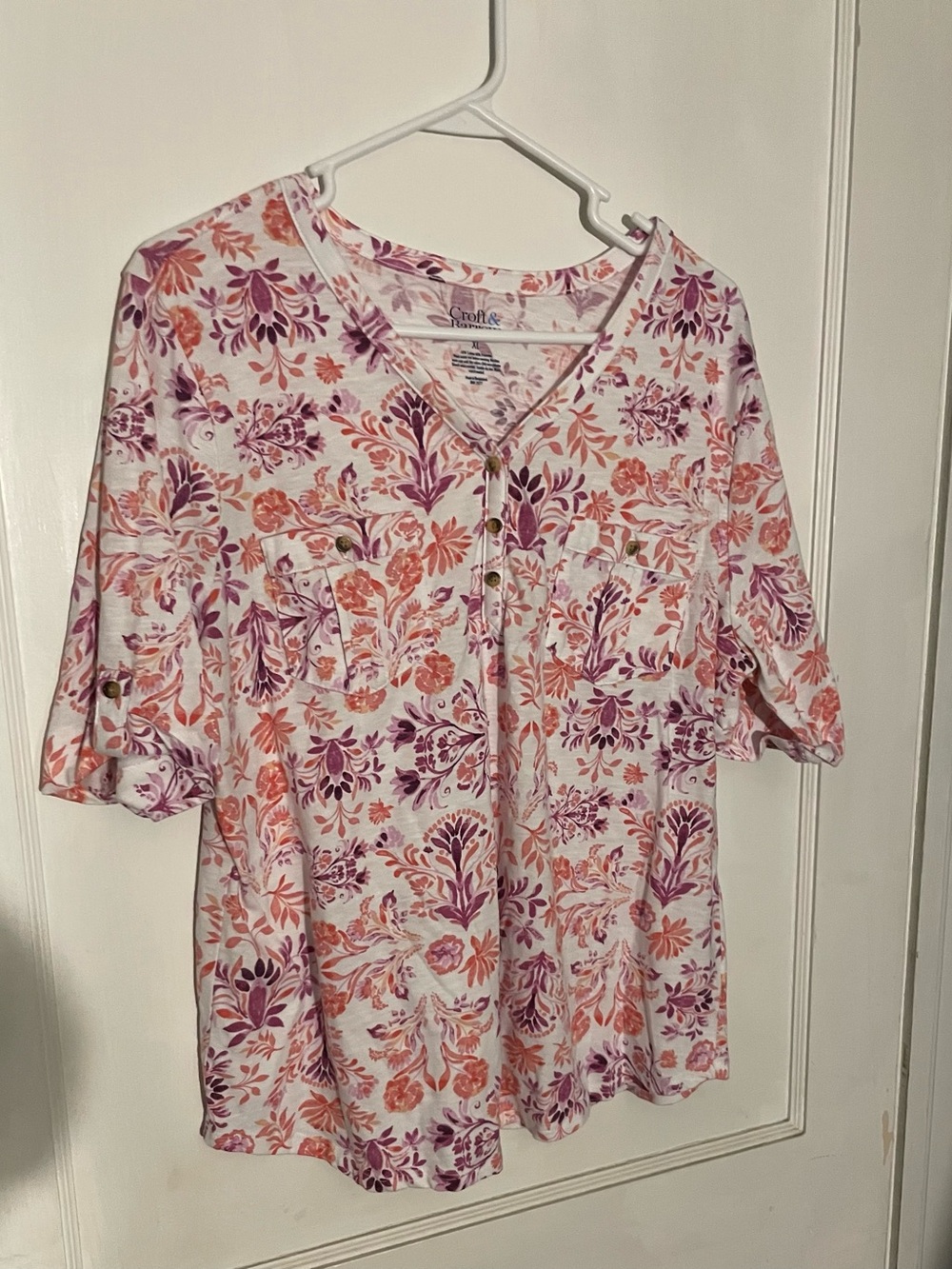 croft & barrow White Henley Tunic with Pink & Coral Floral Print